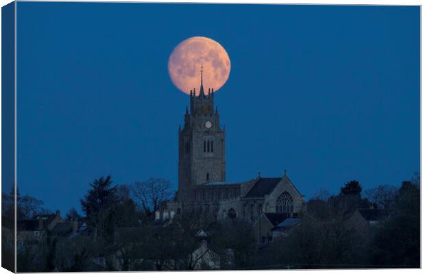 Moonset behind St Andrew's Church, Sutton-in-the-Isle, Cambridge Canvas Print by Andrew Sharpe