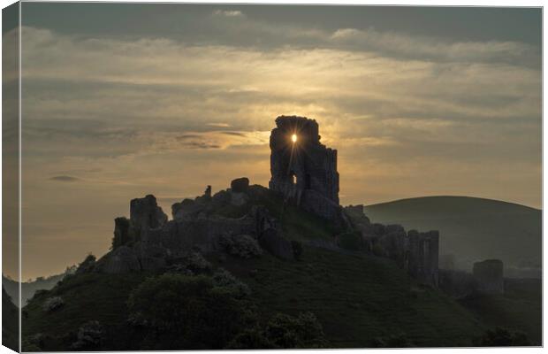 Corfe Castle at dawn Canvas Print by Andrew Sharpe