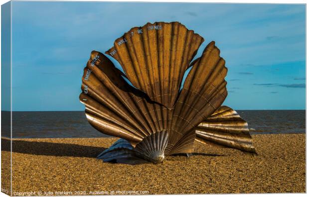 large shell sculpture at Aldburgh beach Canvas Print by Julia Watkins