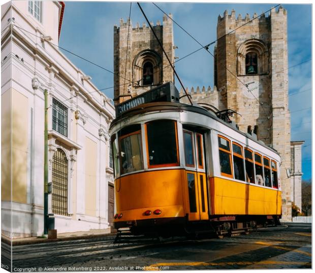 Se Lisbon Cathedral with a traditional yellow tram Canvas Print by Alexandre Rotenberg