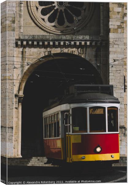 Traditional yellow Lisbon Tram in front of Se Cathedral  Canvas Print by Alexandre Rotenberg