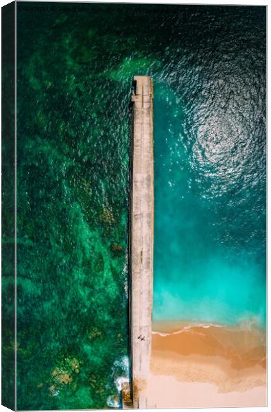 Top down aerial view of amazing colours at a beach and pier Canvas Print by Alexandre Rotenberg