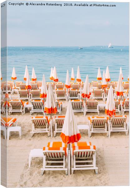 Rows of empty beach lounges in Juan les Pins, Fran Canvas Print by Alexandre Rotenberg