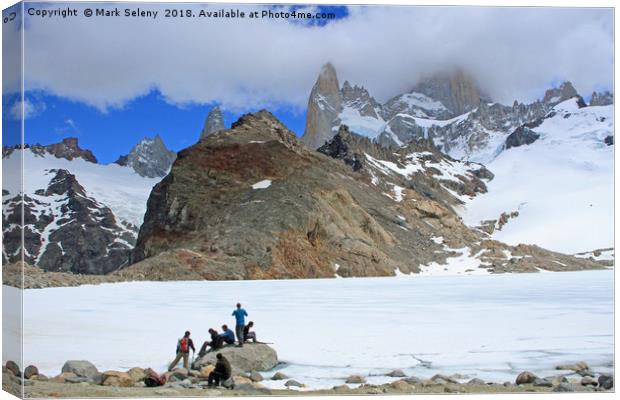 Frozen Lake at the footsteps  Fitz Roy Towers Canvas Print by Mark Seleny
