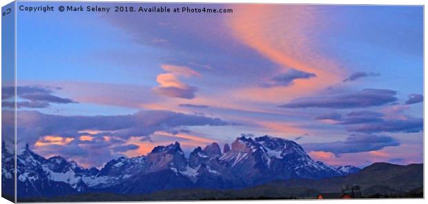 Sunrise in Torres del Paine Mountains Canvas Print by Mark Seleny