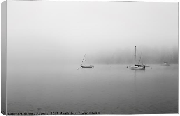 Yachts on a foggy lake Canvas Print by Andy Aveyard