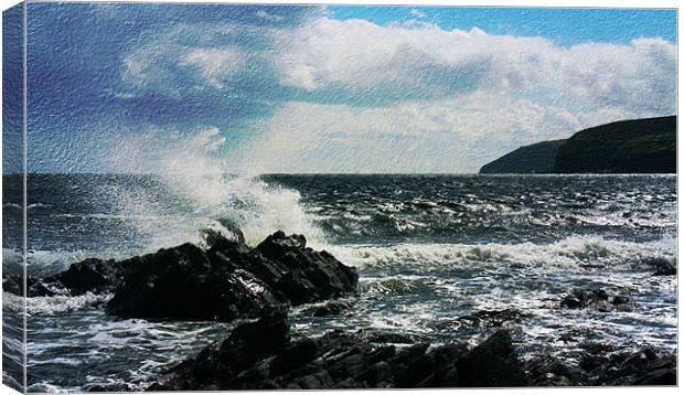 Waves and coastline at Dunbeath, Scotland Canvas Print by Linda More