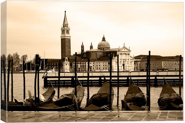 Gondolas and San Giorgio Maggiore, Venice, sepia Canvas Print by Linda More
