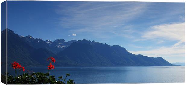 Lake Geneva and mountain landscape, Switzerland Canvas Print by Linda More