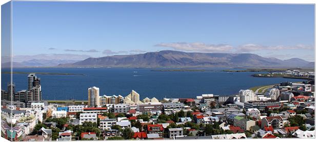 Faxaflói Bay and cityscape, Reykjavík, Iceland Canvas Print by Linda More
