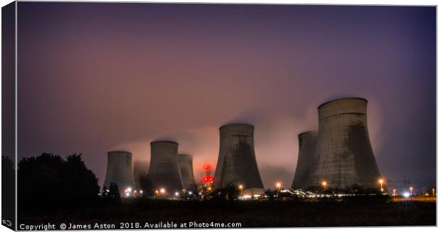 Night shot of Ratcliffe On Sour Power Station Canvas Print by James Aston