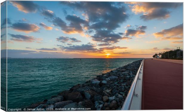 A Winters Sunset over the Palm Board Walk Dubai Canvas Print by James Aston