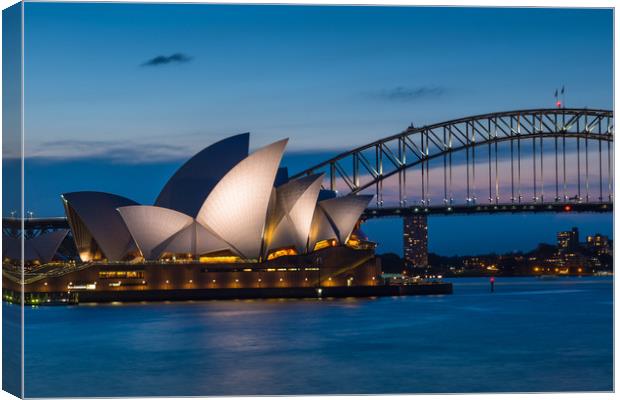 Sydney Opera House and Harbour bridge after sunset Canvas Print by Andrew Michael