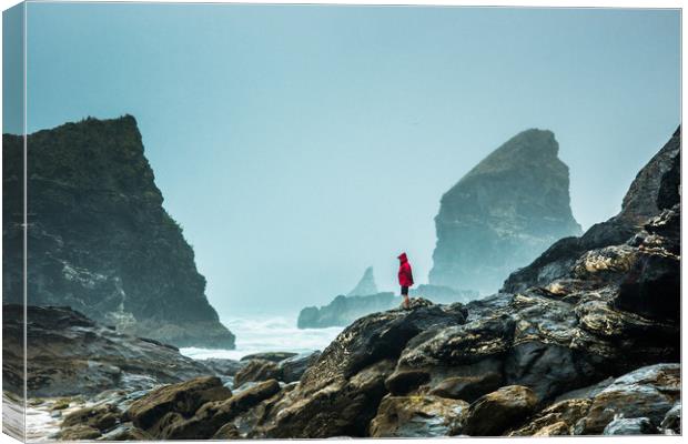 Bedruthan Steps on a foggy day Canvas Print by Andrew Michael