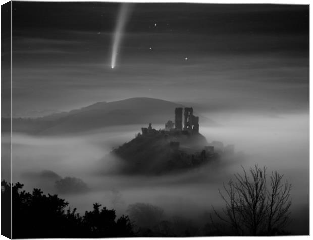 Corfe Castle Comet Mono Canvas Print by David Neighbour