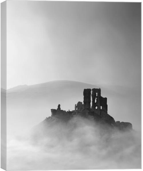 Corfe Castle, Black and White Canvas Print by David Neighbour