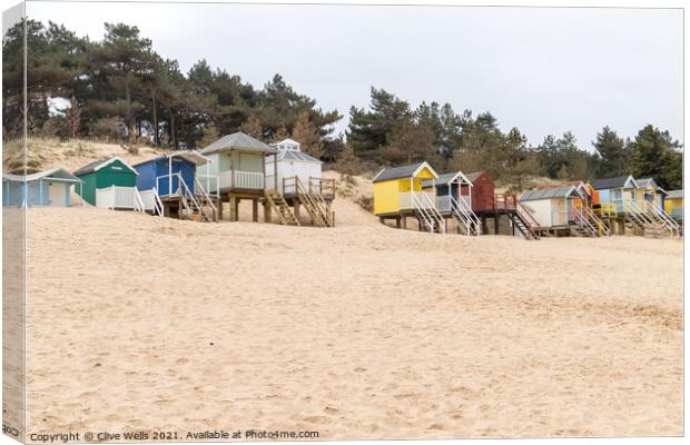 Coloured beach huts on the sand dunes Canvas Print by Clive Wells
