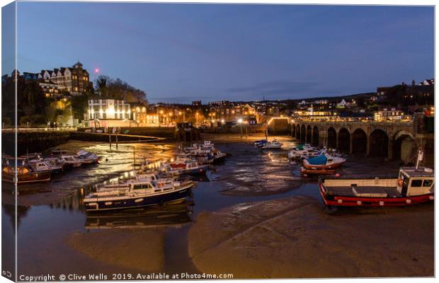 Inner harbour at night at Folkestone, Kent Canvas Print by Clive Wells