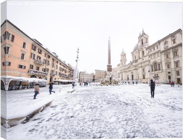 Piazza Navona in Rome covered with snow  Canvas Print by Valerio Rosati