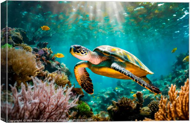 Single turtle glides effortlessly through a beauti Canvas Print by Phill Thornton