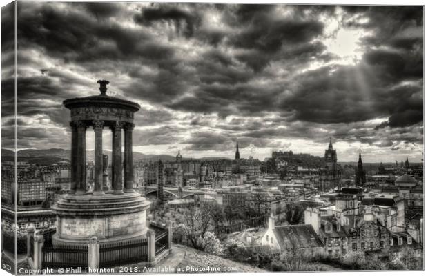 The Edinburgh skyline, and Dugald Stewart Monument Canvas Print by Phill Thornton