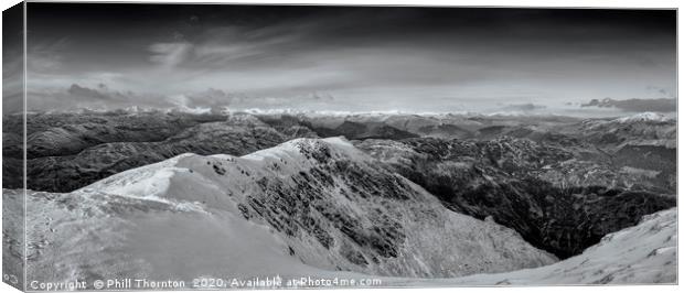 Panoramic view from the summit of Ben Ledi (B&W) Canvas Print by Phill Thornton