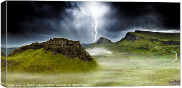 Lightning strikes over the Trotternish Ridge. Canvas Print by Phill Thornton