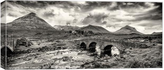 Red Cuillin mountain range and Sligachan old bridg Canvas Print by Phill Thornton