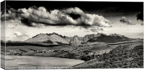 Panoramic view of the Black Cuillin Ridge. Canvas Print by Phill Thornton