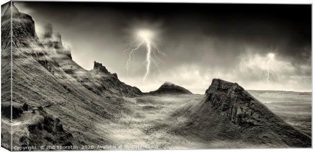 Lightning strikes over the Quiraing, Skye. Canvas Print by Phill Thornton