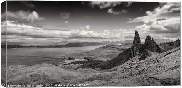 Panoramic view of the Old Man of Storr. B&W. Canvas Print by Phill Thornton