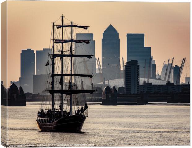 Tall Ship on the Thames at Sunset Canvas Print by Simon Belcher