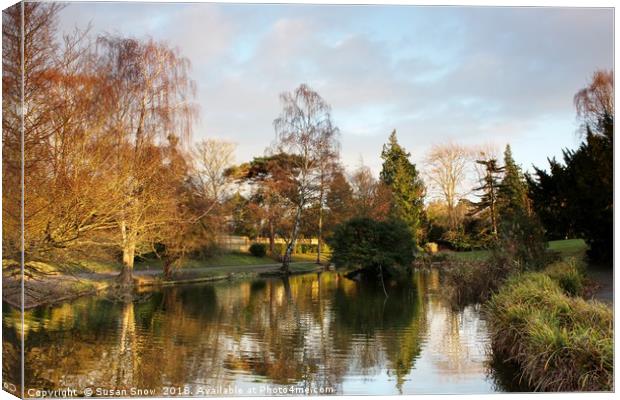 The Lake at Hatherley Park Cheltenham Canvas Print by Susan Snow