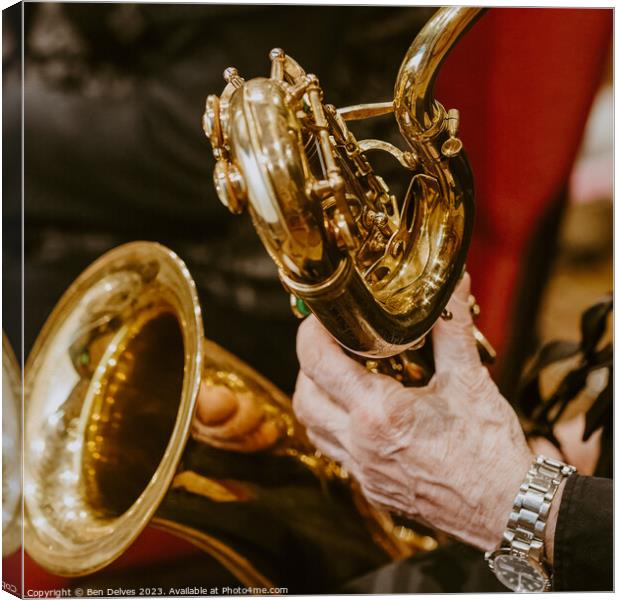 brass saxophone details played by male Canvas Print by Ben Delves