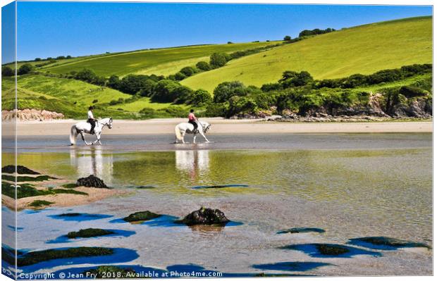 Horse Riders on Mothecombe beach  Canvas Print by Jean Fry