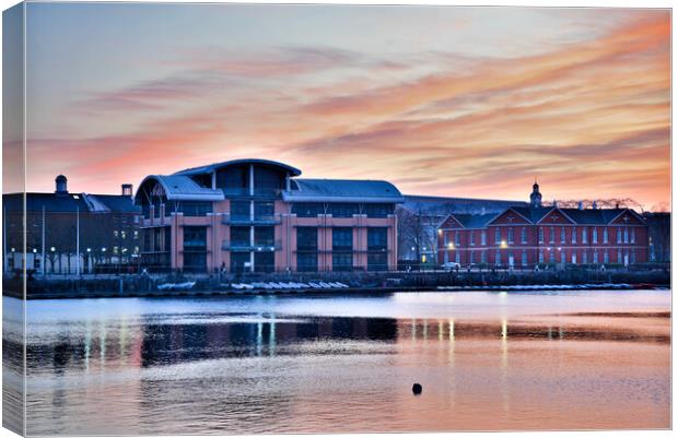 Winter sunset over Bose headquaters uk and Quayside house St Mar Canvas Print by stuart bingham