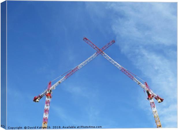 Two White Red Construction Tower Cranes Crossing t Canvas Print by David Katrenčík