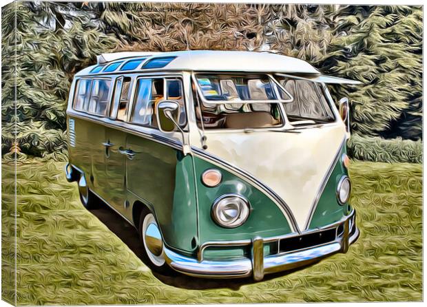 Vintage Camper Van in a Lush Green Landscape Canvas Print by Kevin Maughan