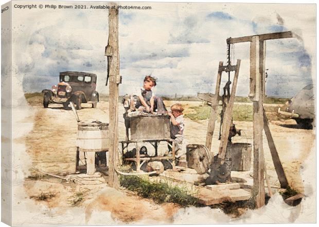 Children playing around old water pump in 1941 USA Canvas Print by Philip Brown