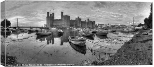 Caernarfon Castle and Harbour - B&W Panorama Canvas Print by Philip Brown