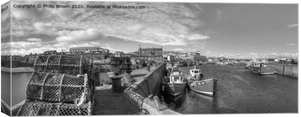 Fishing Boats at Seahouses Harbour - B&W Panorama Canvas Print by Philip Brown