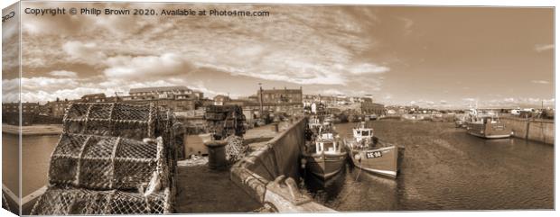 Fishing Boats at Seahouses Harbour - B&W Panorama Canvas Print by Philip Brown