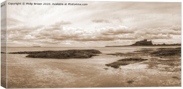 Bamburgh Castle from the Beach, Sepia Panorama Canvas Print by Philip Brown