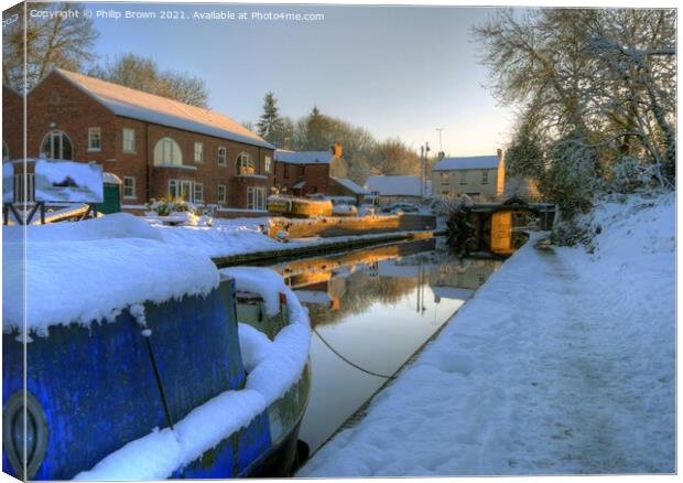 Narrowboat on Canal, in Winters Snow  Canvas Print by Philip Brown