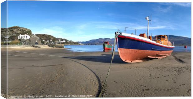 Boats on Beach and mountains, Barmouth, Wales Canvas Print by Philip Brown
