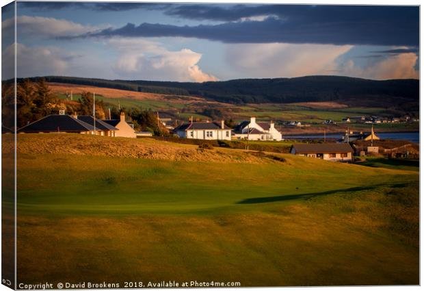 The 11th Green and the Clubhouse at Shiskine GC Canvas Print by David Brookens