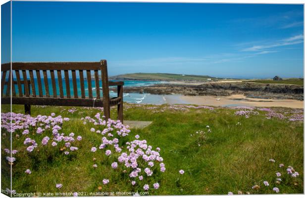 Bench overlooking Treyarnon Bay Canvas Print by Kate Whiston