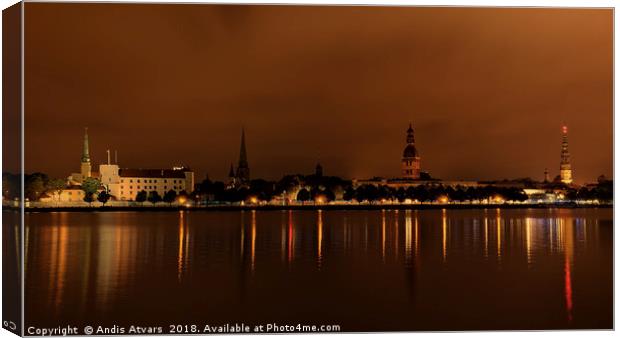Panoramic view of Riga Old Town before sunrise Canvas Print by Andis Atvars