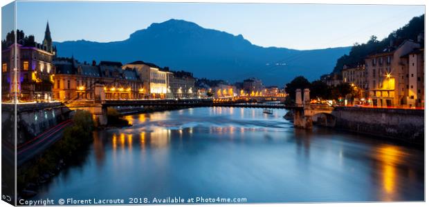 Grenoble at dusk with the river Isere, France Canvas Print by Florent Lacroute