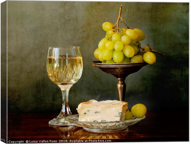 A glass of white wine, soft cheese and grapes Canvas Print by Luisa Vallon Fumi